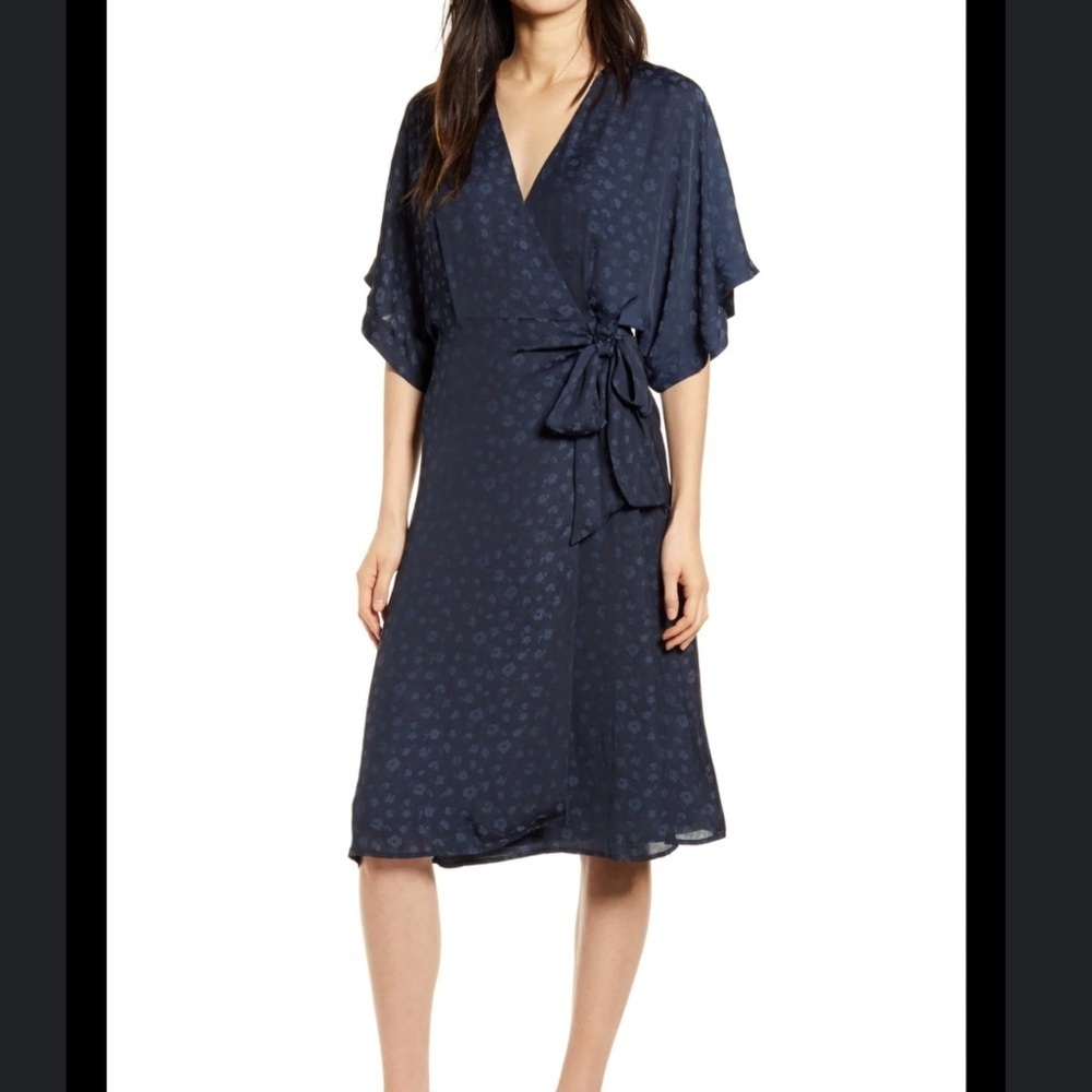 Chenault Navy Silky Flowy Semi Formal Floral Tie-Front V-Neck Midi Dress